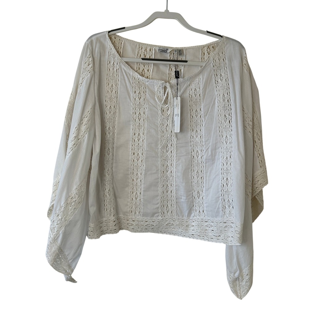 Ravel White Cotton Crochet Lace Tie Neck Bell Sleeve Blouse Boho Top NWT L/G